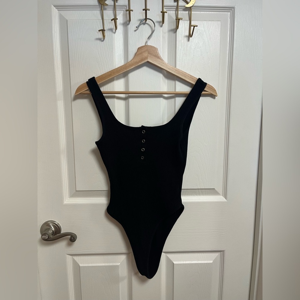 Black Ribbed Button Down Bodysuit